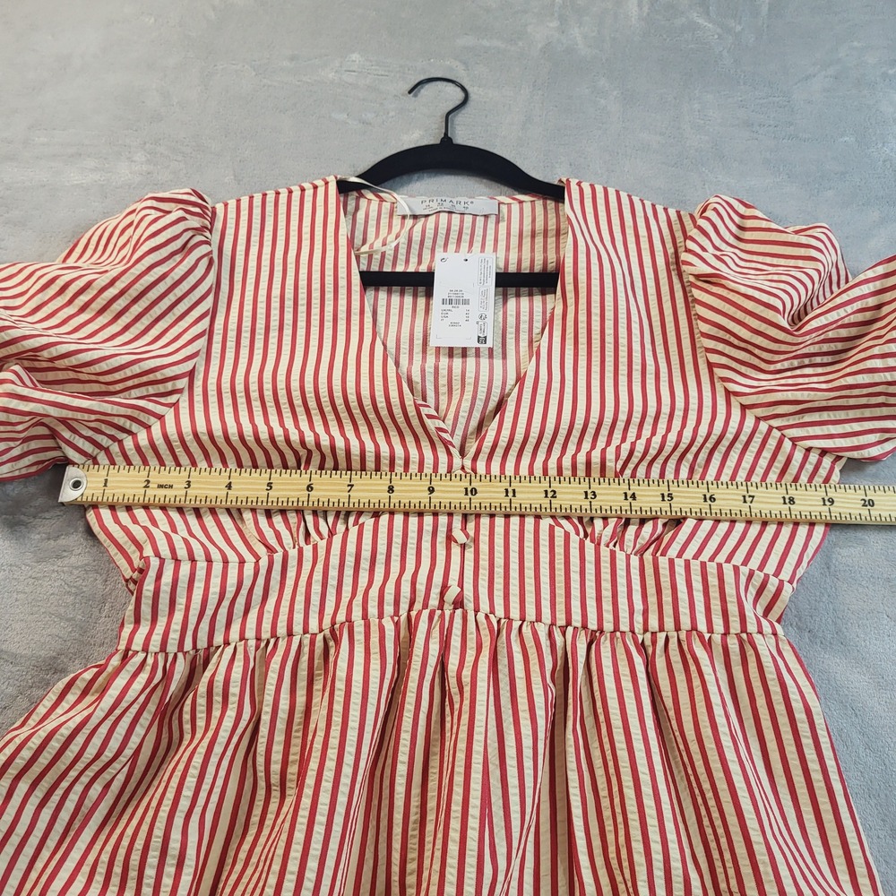 Primark Women Red Cream Striped V-Neck Puff Sleeve Maxi Dress Size 10 NEW - Picture 4 of 12